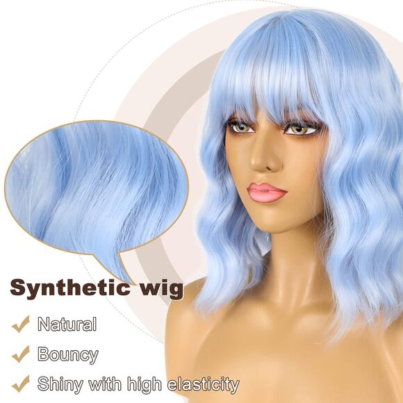 Women Light Blue Loose Wavy Wig Curly Wavy Shoulder Length Bob - Picture 2 of 2